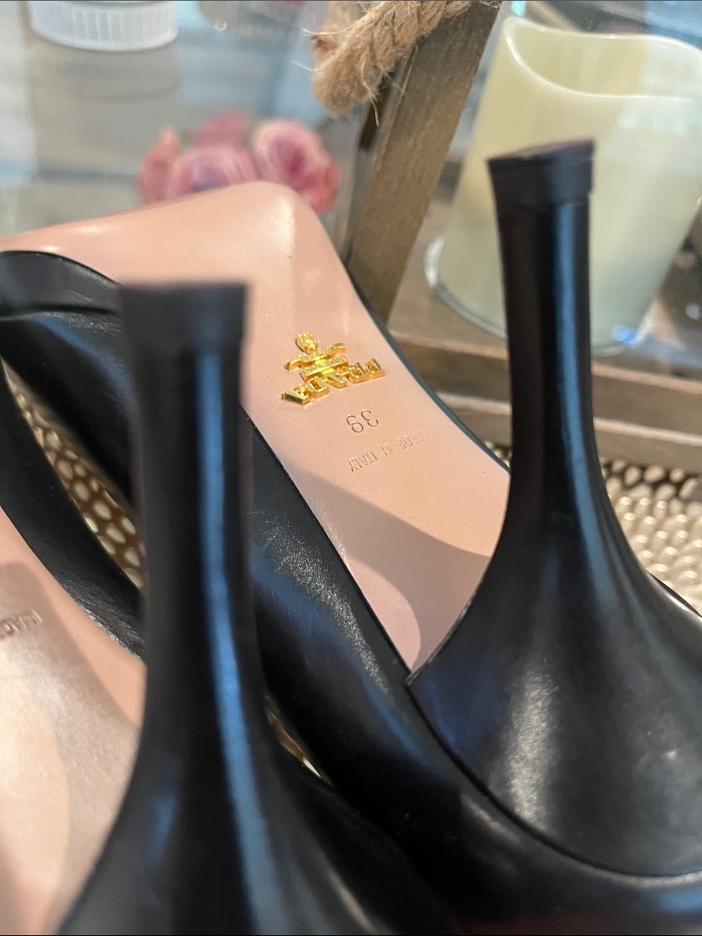 Prada Black Leather Peep-Toe Pumps with Neutral Insole - Picture 7 of 10